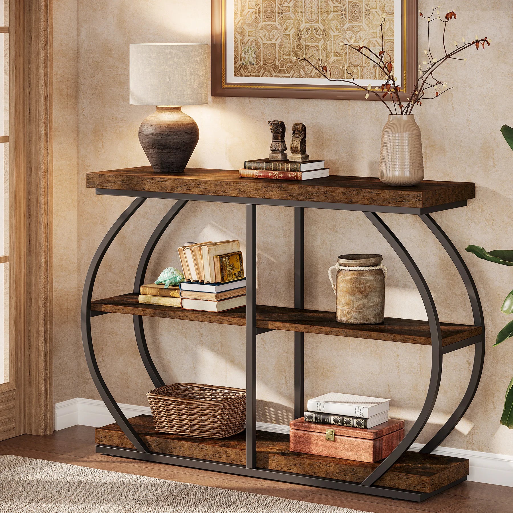 Wooden shelving console unit