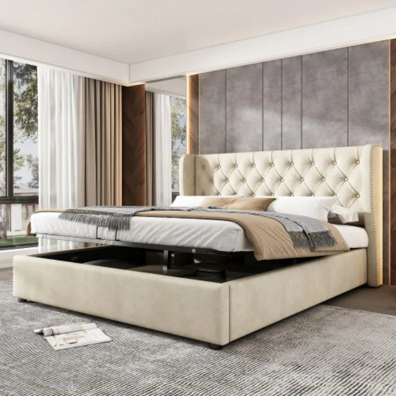 The Cove Studded Double Beige Storage Bed