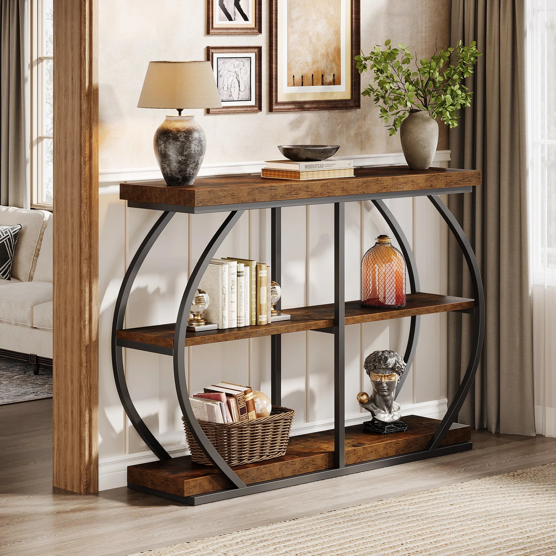 Wooden shelving console unit