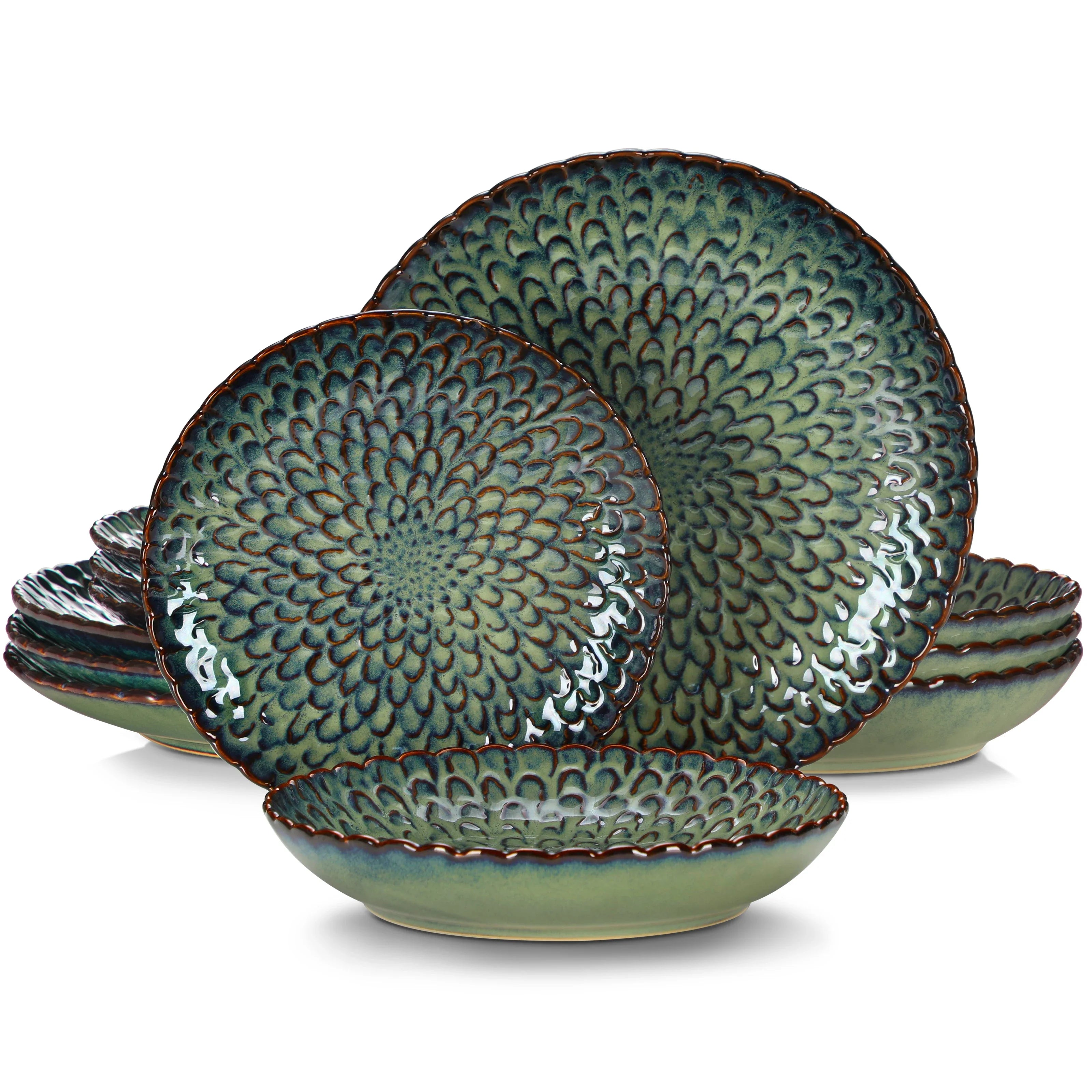 Green Textured Stoneware Dinner Set