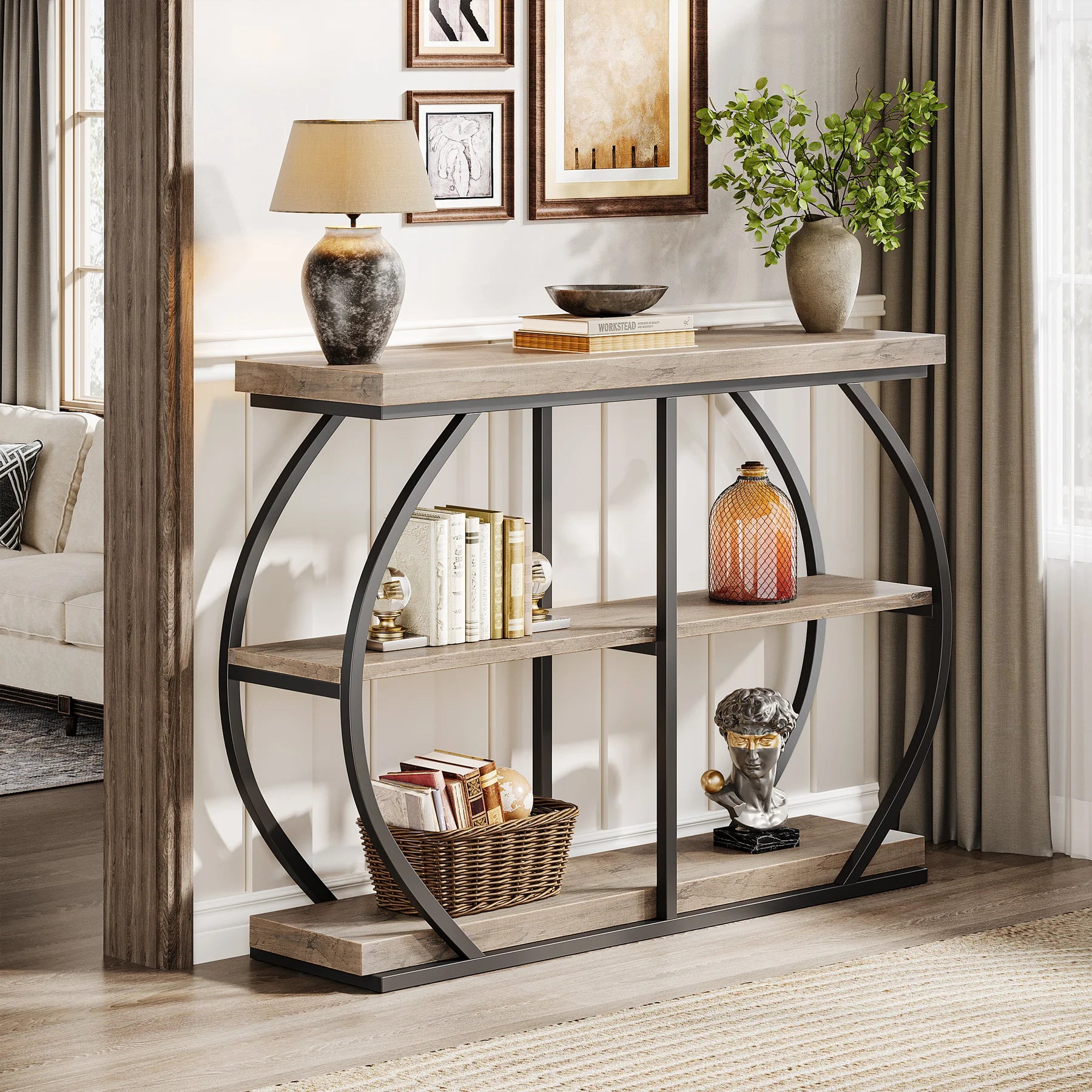 Wooden shelving console unit