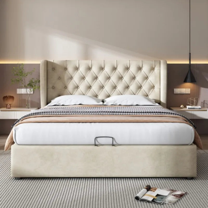 The Cove Studded Double Beige Storage Bed