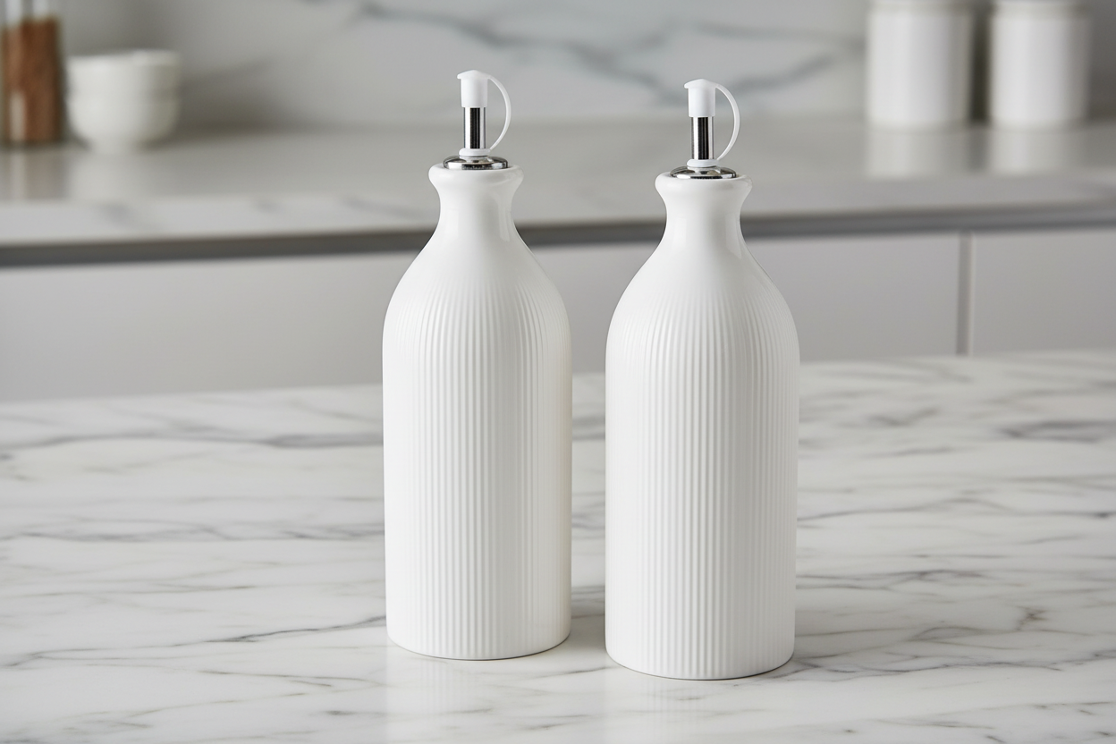 Glazed white oil bottles