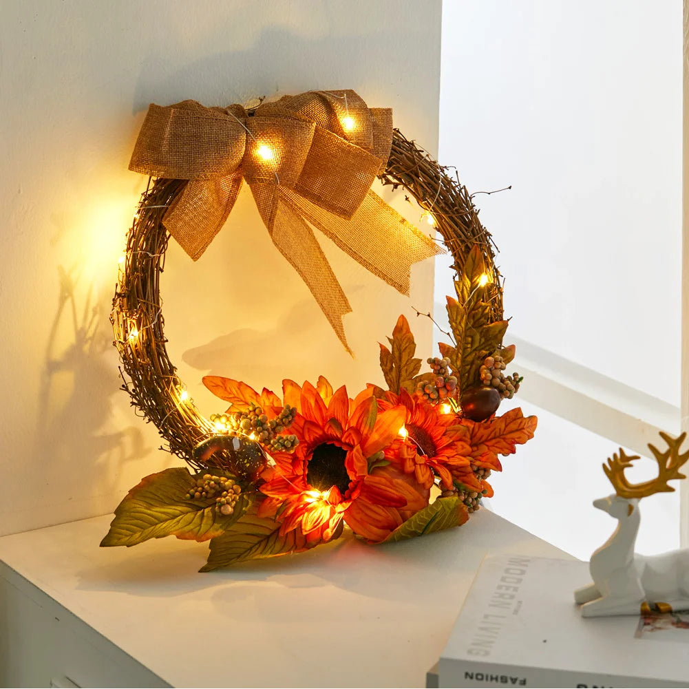 Artificial Sunflower Autumn Wreath with LED Lights