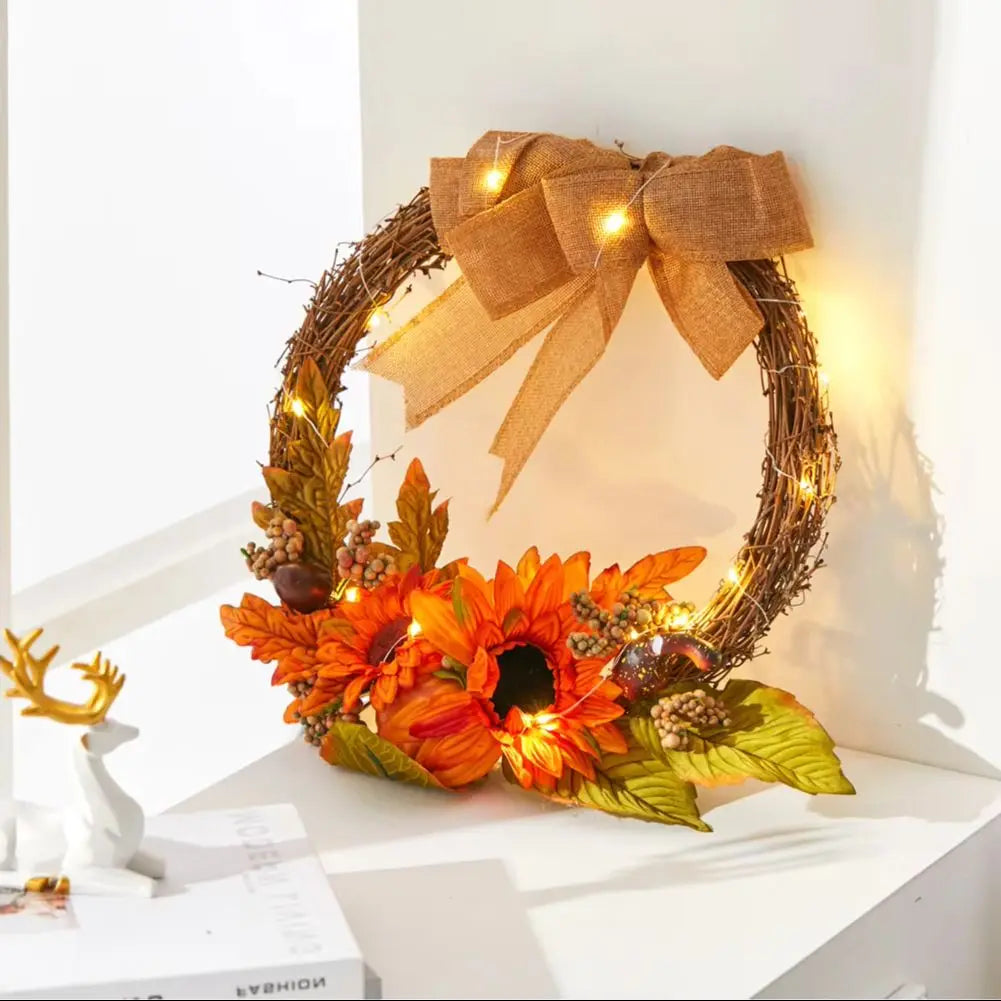 Artificial Sunflower Autumn Wreath with LED Lights