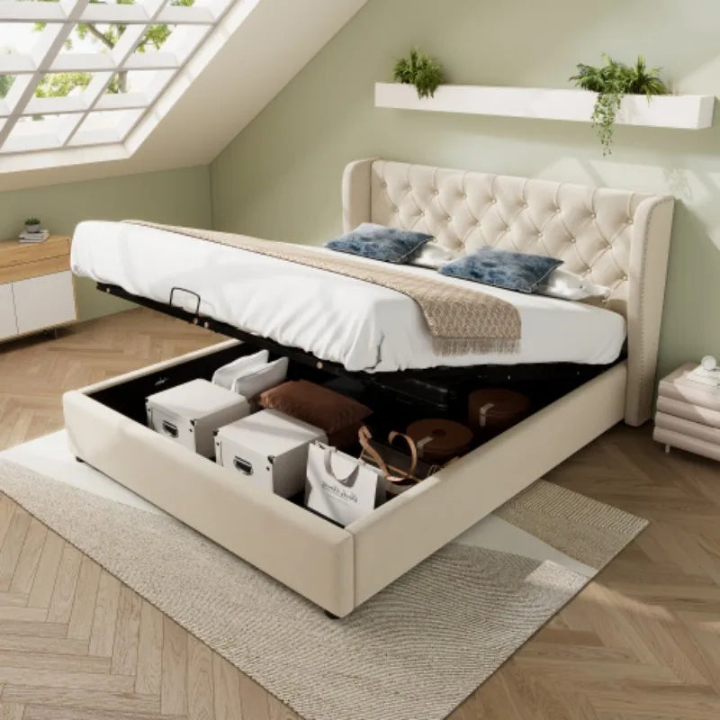 The Cove Studded Double Beige Storage Bed
